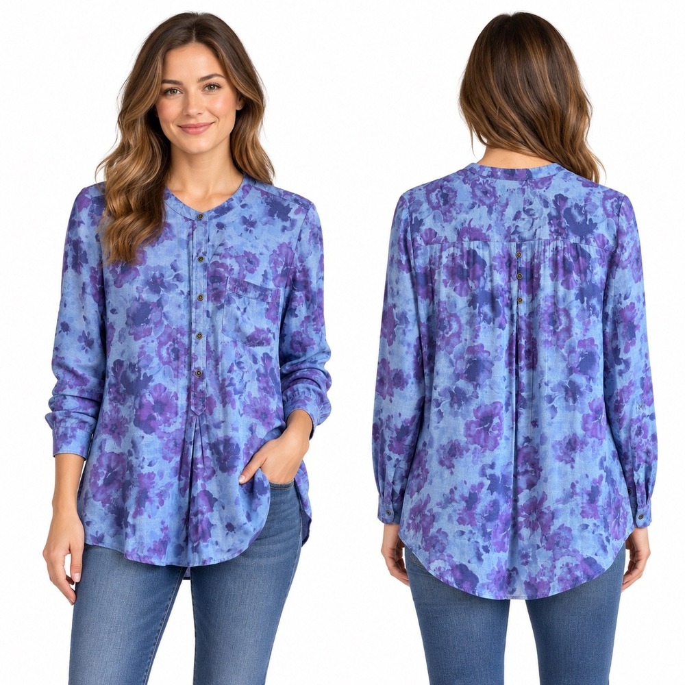 Lucky Brand Womens Medium Blue Purple Floral Roll Tab Sleeve Henley Blouse